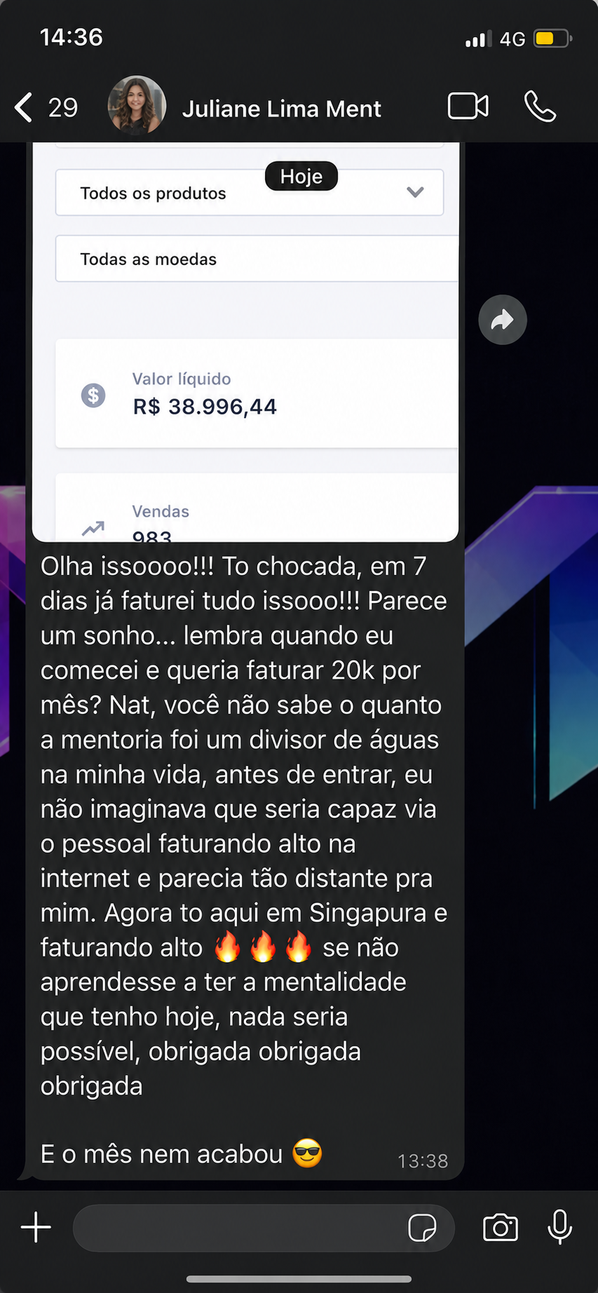 Aluna Juliane — R$38.996 de valor líquido em 7 dias, 983 vendas