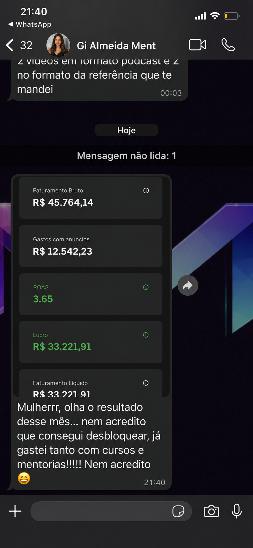 Aluna Gi Almeida — Faturamento de R$45.764 e lucro de R$33.221